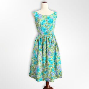 VTG 50s Claire Evans Floral Blue & Green Sleeveless Fit and Flare Sundress, 16/M